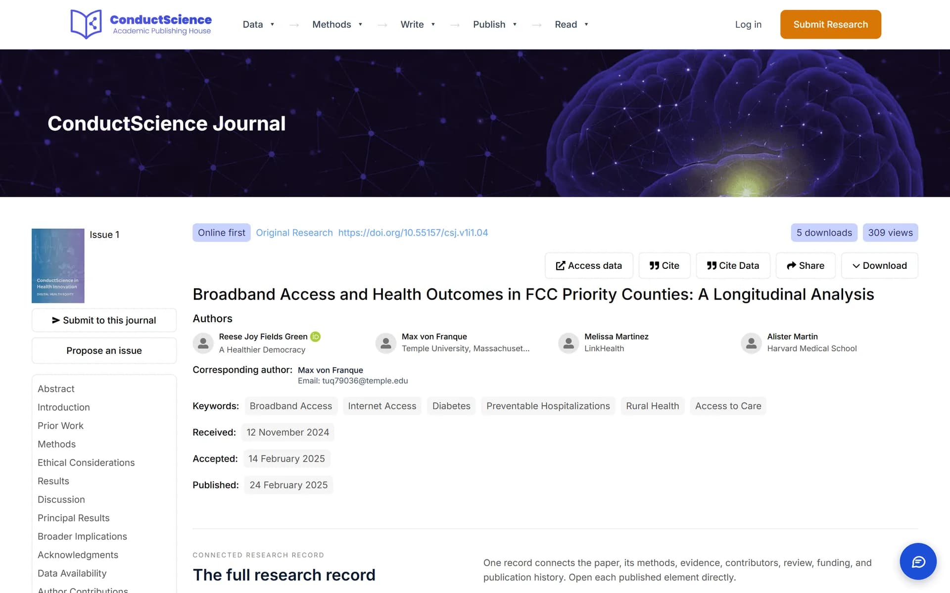 A published article page with its title, authors, DOI and citation actions