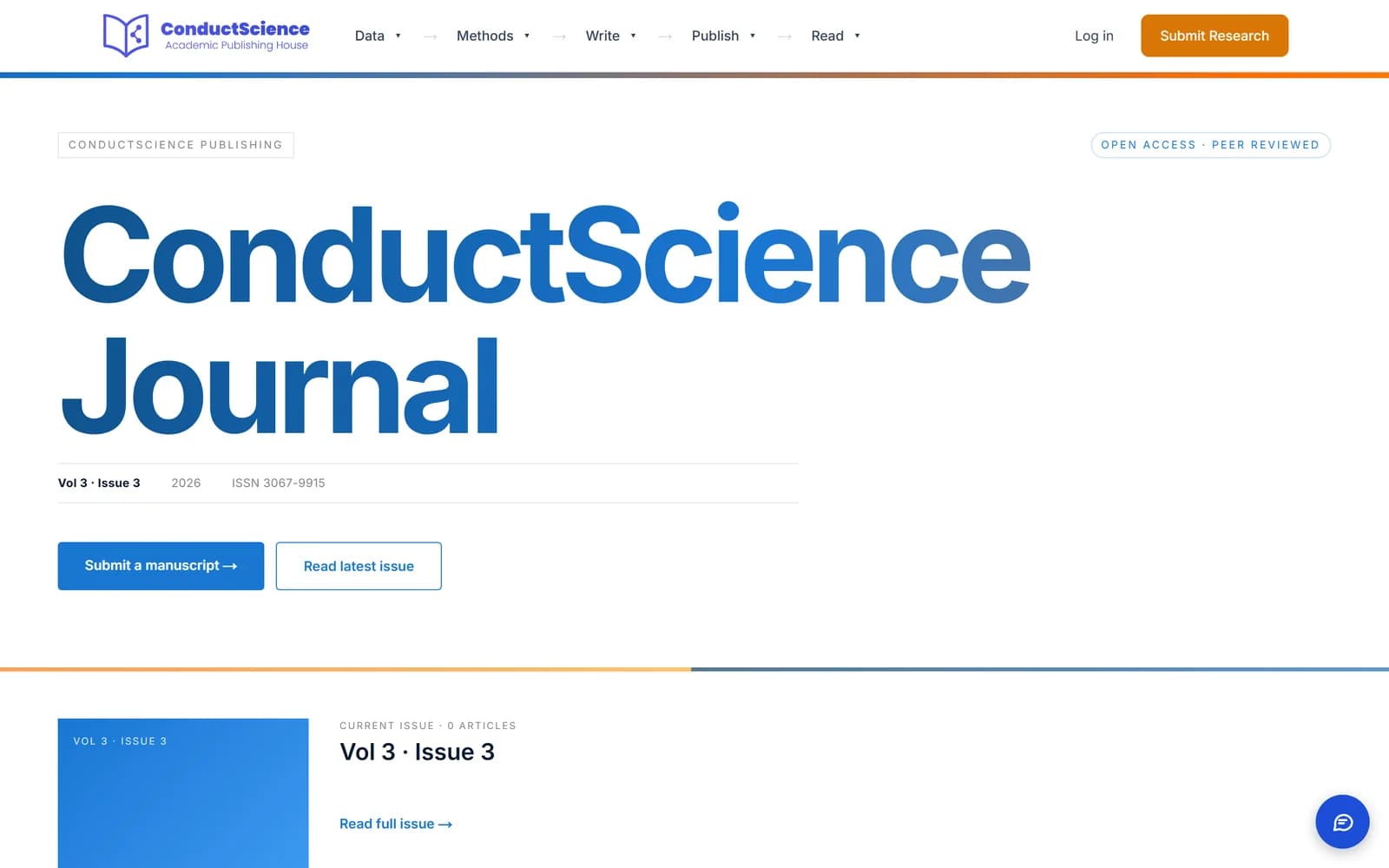 The ConductScience Journal home page, with its name, editors and latest articles