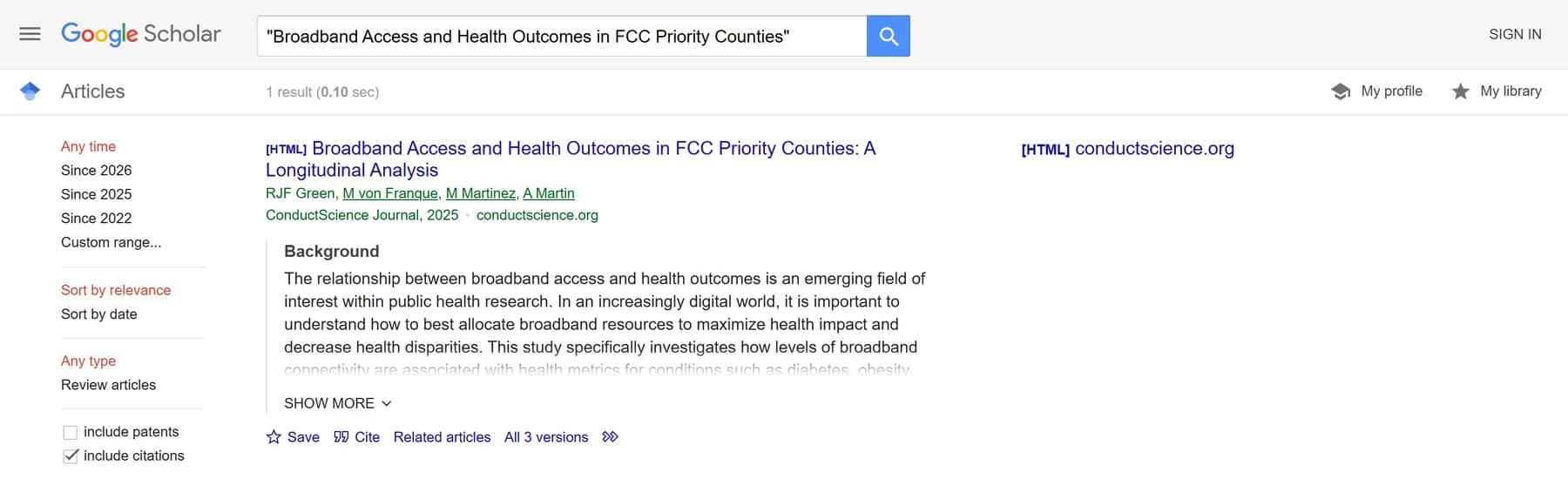 Google Scholar's result for the article title, with its authors, journal and a link to the full text on ConductScience.org